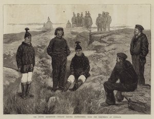 Arktinen retkikunta, englantilaiset merimiehet ystävystymässä Esquimaux